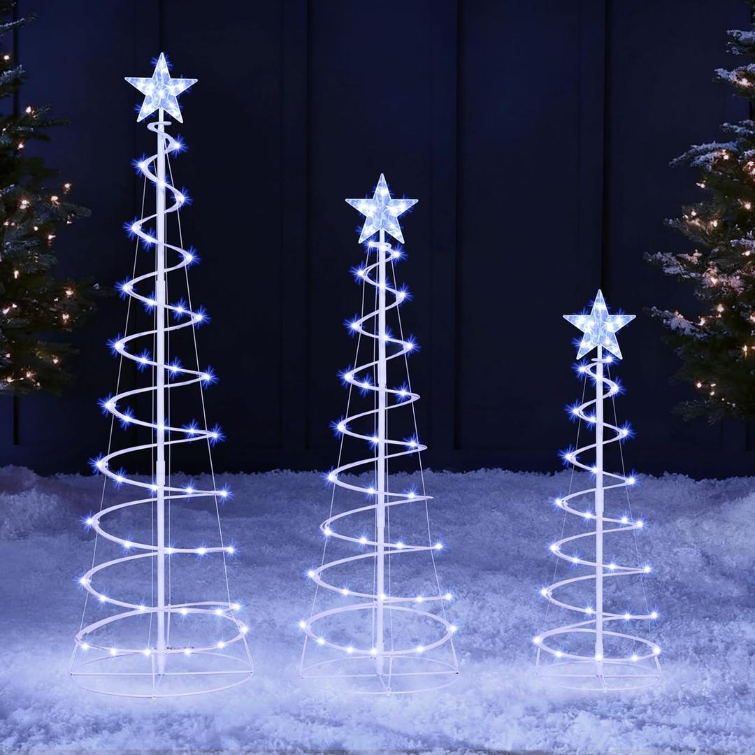 JOIEDOMI 3 Pack Spiral Christmas Tree Lights, 218 LED Outdoor Lighted Tree with Star Topper & Stakes, Christmas Decorations for Yard Porch Patio Garden Holiday Xmas Eve Night Dcor, Cool White