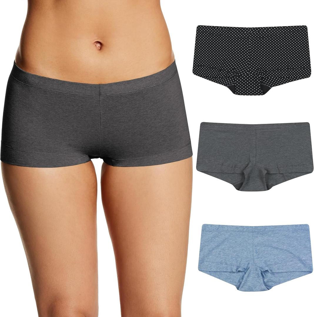 Maidenform Women's Underwear Boy Shorts Pack, 3-Pack, Stretch Cotton Underwear Women Pack, Comfy Boy short Panties for Women (Medium, Dot Print/Charcoal Grey/Blue Heather)