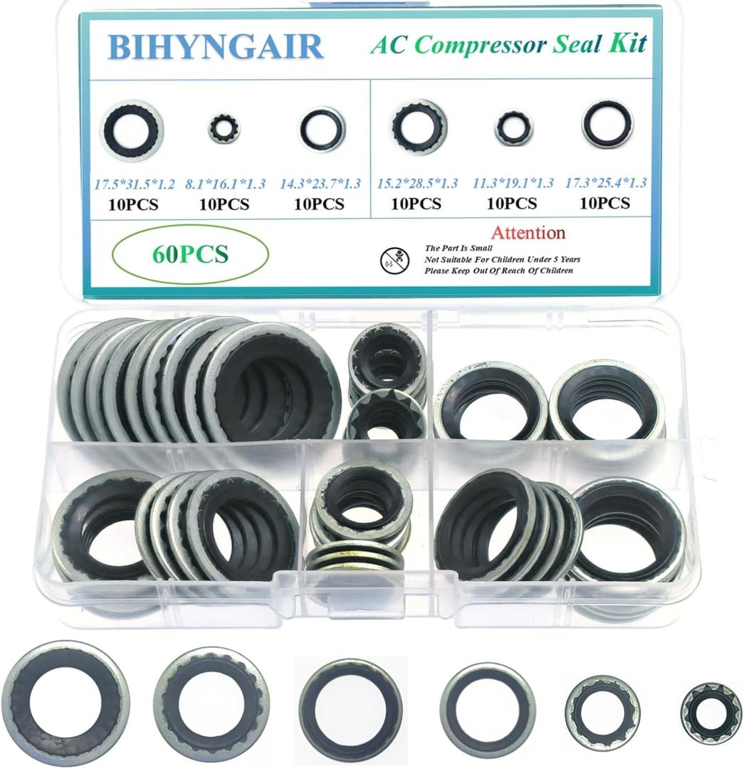 60 Pcs AC Compressor Seal Kit, Air Conditioning Compressor Port Seal Washer Kit, 6 Types A/C System Compressor Gasket Seals Assortment Kit,AC Seal Replacement Kit