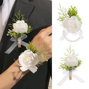 Garisey Artificial Flowers White Rose Wrist Flowers and Men's Corsage Wedding Flowers Ceremony Prom Flower (1 Boutonniere & 1 Wrist Corsage White)