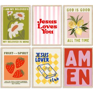 Trendy Christian Wall Art Colorful Scripture Pictutres Wall Decor Jesus Loves You Religious Quotes Posters Maximalist Bible Verse Florals Preppy Painting Print Artwork for Dorm Apartment, Unframed (10L''X8W'')