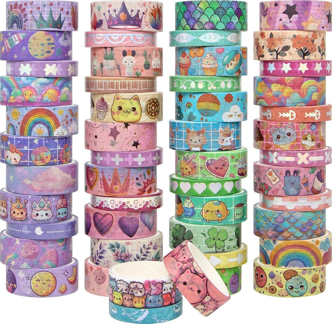 WAPETASHI 50 Rolls Washi Tape Set, Silver Cute Washi Tape for Scrapbooking, Bullet Journal, Planner, Gift, Rainbow Masking Decorative Tape for Kids
