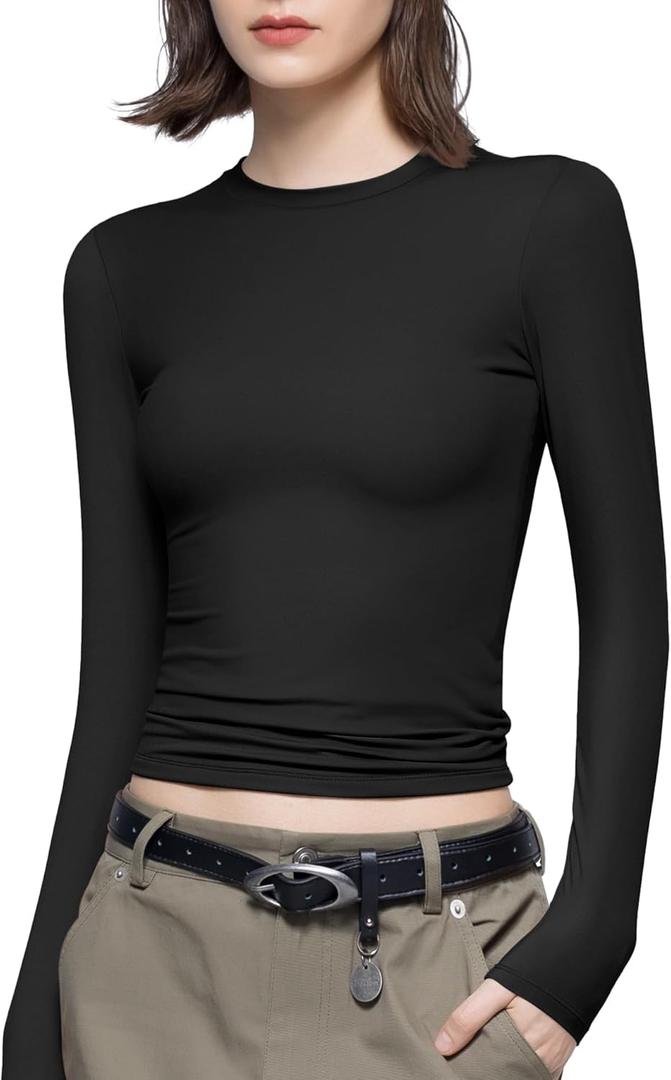 PUMIEY Women's Long Sleeve T Shirts Crew Neck Slim Fit Tops Sexy Basic Tee Smoke Cloud Pro Collection (X-Small, Jet Black)