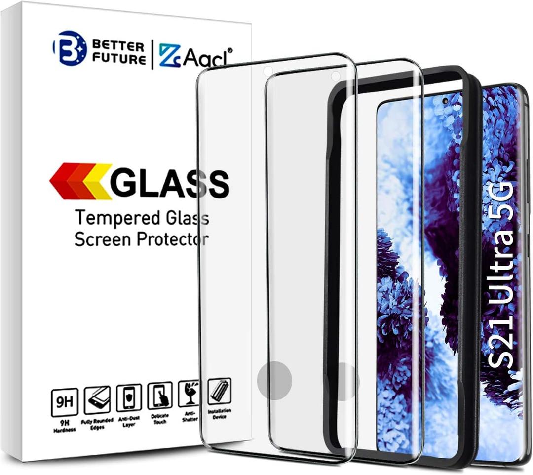 AACL Screen Protector for Samsung Galaxy S21 Ultra 5G,6.8 Inch,Curved Tempered Glass,Compatible with Ultrasonic Fingerprint Scanner,2 Pack,Black