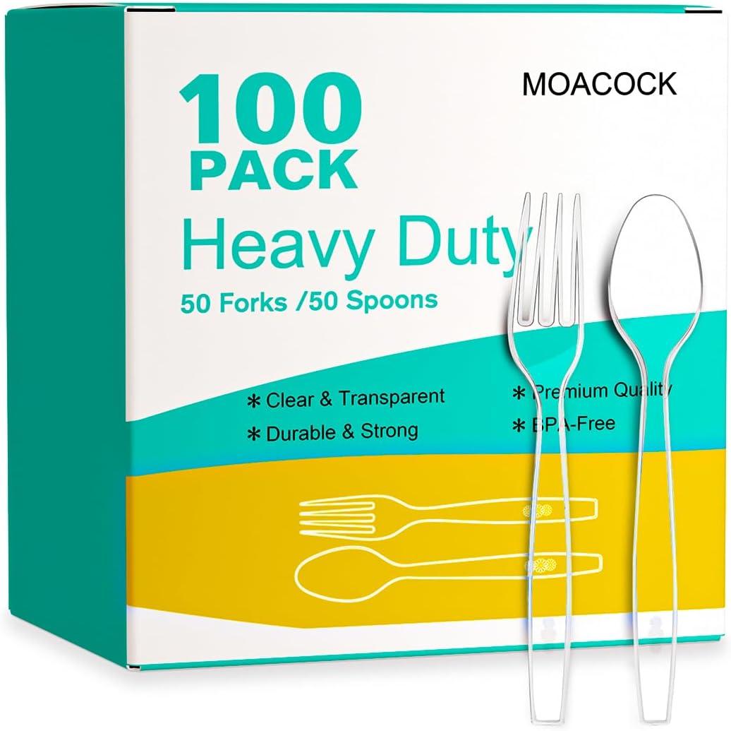 MOACOCK 100 Count Plastic Silverware, Heavy Weight Plastic Forks Spoons Disposable Utensils Cutlery Set for Wedding Party Supplies Everyday Use
