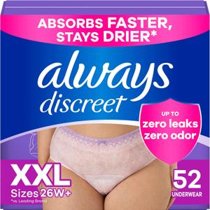 Always Discreet Adult Diapers for Women, Incontinence Underwear, Drier Than Depends, Postpartum Essentials, Disposable Briefs, Max Absorbency, Bladder Leak Protection, 2XL / XXL, 52ct
