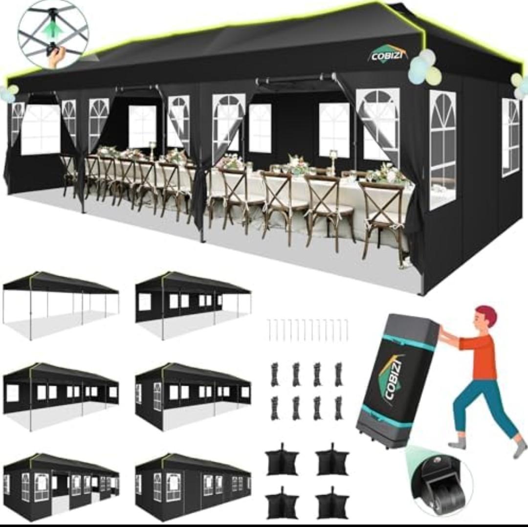 COBIZI 10x30 Pop Up Canopy Tent with 8 Removable Sidewalls, One Push Party Tent Outdoor Waterproof Event Canopy with Air Vent for Parties Commercial Wedding, 3 Height, Roller Bag, Sandbag, Black