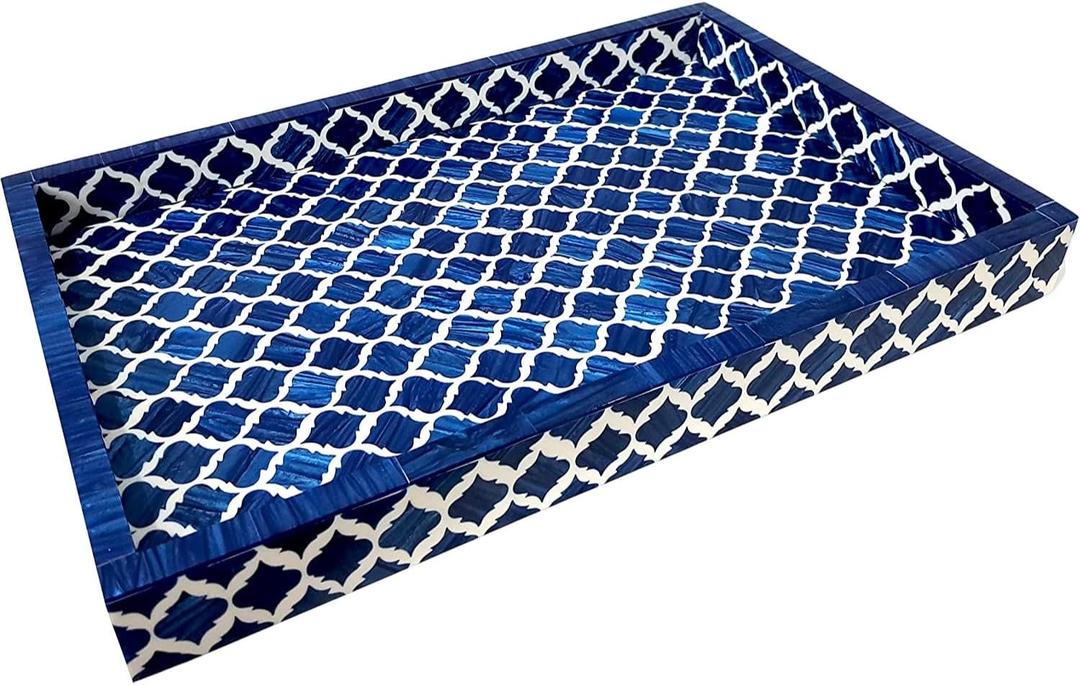 Handmade Blue White Bone Inlay Serving Tray Moroccan Damask Rectangular Wooden Platter for Dining Decor Breakfast Cheese Board Vanity Organizer
