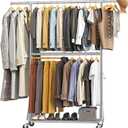 100% Stainless Steel Heavy Duty Clothes Rack Load 860LBS, Rolling Double Rods Clothing Racks for Hanging Clothes, Adjustbale Garment Rack With Sturdy Wheels Shelf, Portable Closet Rack Free Standing (Silver)