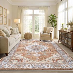 Smiry Area Rugs for Living Room Bedroom, Machine Washable 9x12 Vintage Rug, Soft Plush Bedside Floor Carpet for Farmhouse Nursery Kitchen Laundry Home Decor, Rust (9' x 12')