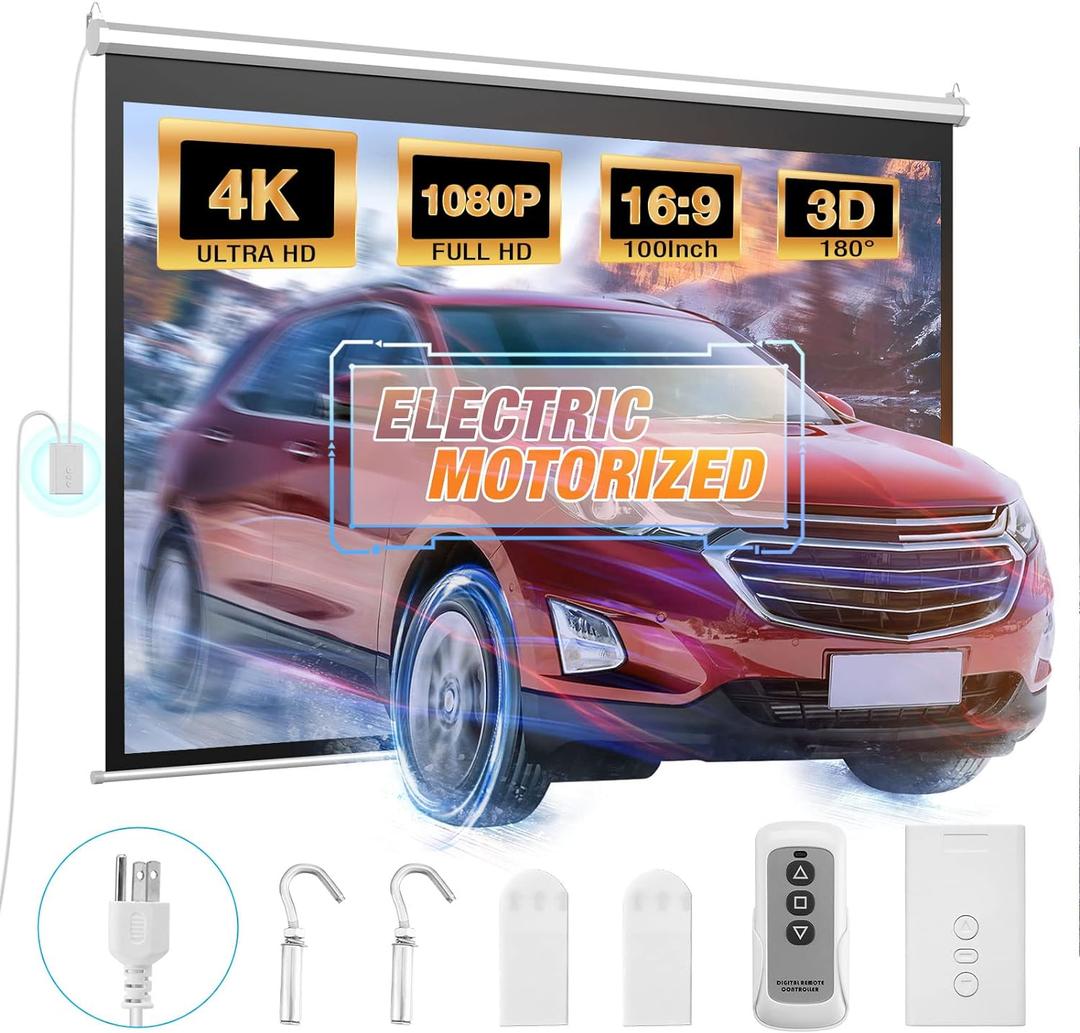 Powerextra 100 Inch Motorized Projector Screen with Wireless Remote Control 16:9 4K HD Wall/Ceiling Mounted Electric Movie Screen for Home Theater Presentation Education Outdoor Indoor