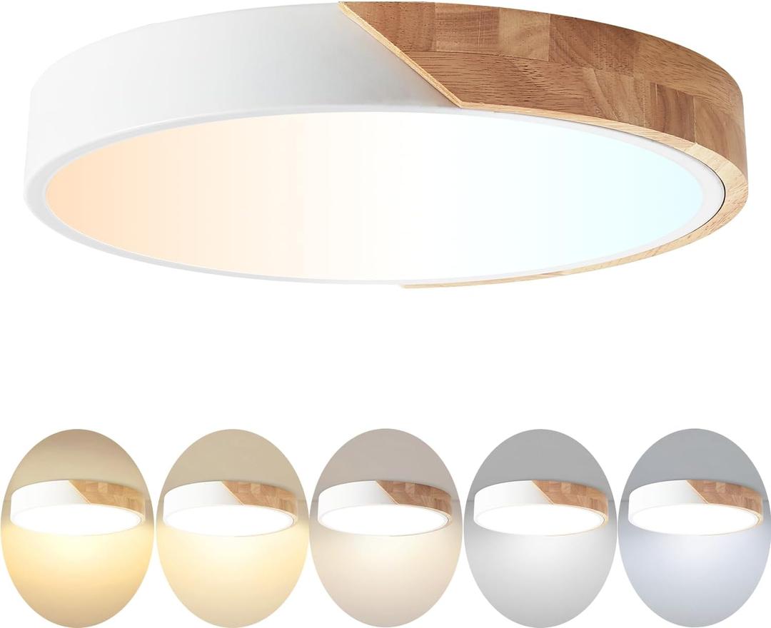 LED Flush Mount Ceiling Light Fixture Wood,16 inch Kitchen Light Fixtures Ceiling Mount 36W, Round Close to Ceiling Light Dimmable 5CCT for Bedroom,Kitchen,Living Room (White)