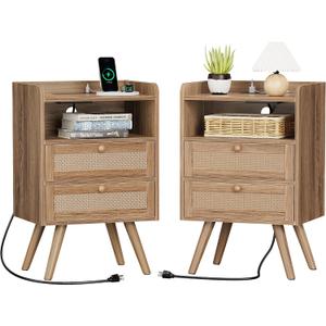 SUPERJARE 2 Drawer Night Stand with Charger Station, Boho Rattan Nightstand Set of 2, 25.2 Inch Tall Bed Side Table with Solid Wood Feet, End Table, Open Storage, Synthetic Rattan, Walnut, 11.8"D x 15.8"W x 25.2"H