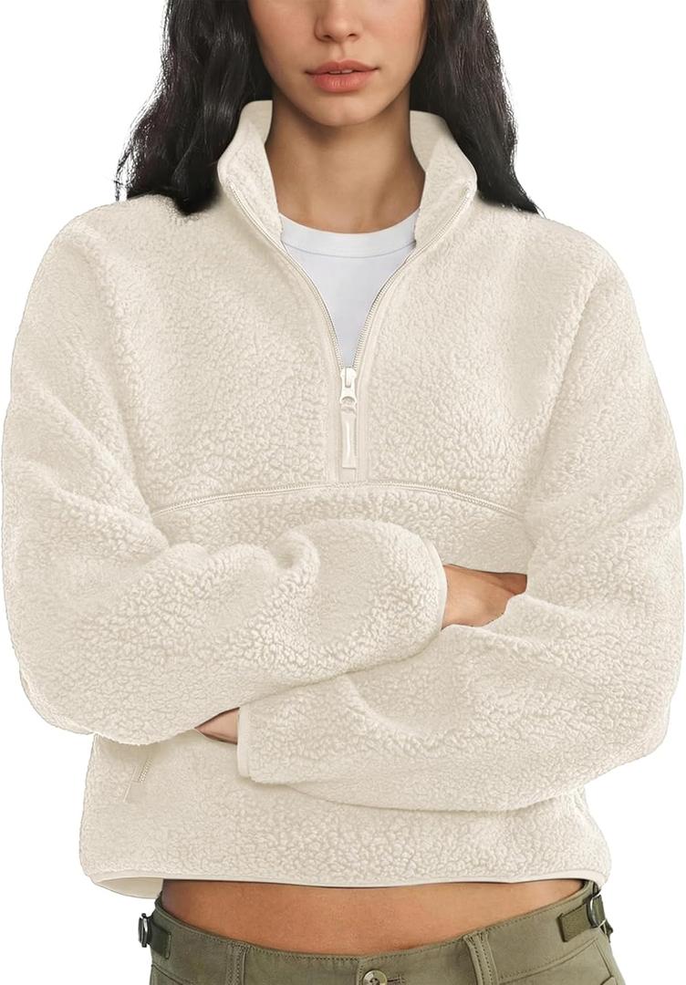 Fleece Sweatshirts for Women Cropped Long Sleeve Half Zip Pullover Sherpa Jacket Warm Fuzzy Coats with Pockets (Medium, Beige)