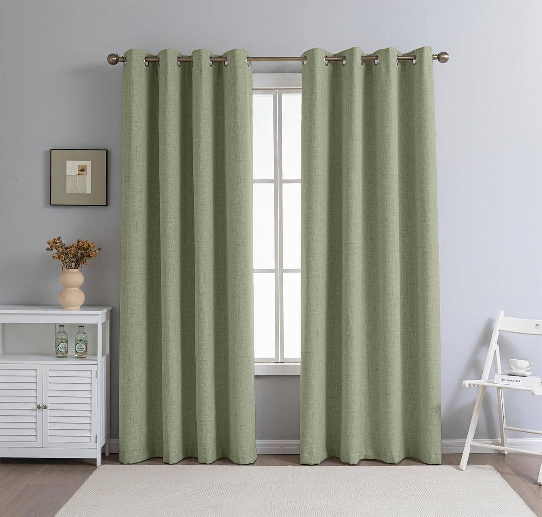 PFAS Free Sage Green Linen Curtains 84 inch Length 2 Panels Set Burg 100% Blackout Long Drapes for Bedroom Living Room Blackout Darkening Curtain Thermal Insulated (52x84 inch, Sage Green)