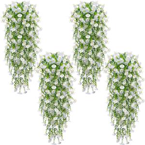 4PCS Artificial Hanging Flowers for Outdoors Summer Decoration, Fake Hanging Plants Faux Petunias with Eucalyptus, UV Resistant No Fade Plastic Realistic Silk Flowers for Porch Patio Balcony Indoor