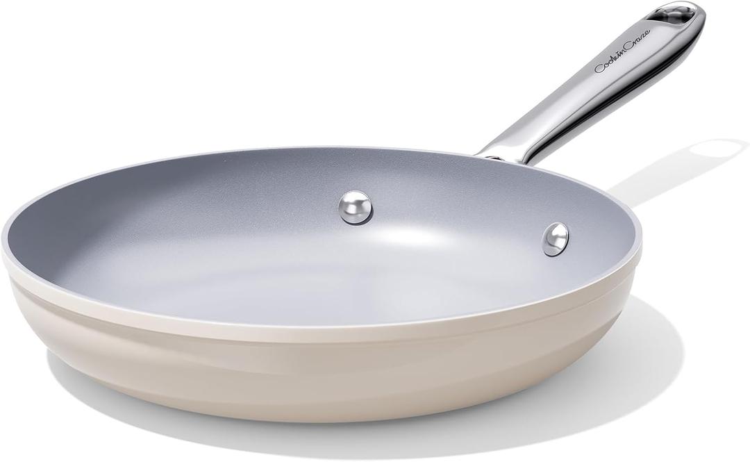 CookinCraze Nonstick Ceramic Frying Pan 10" Non Toxic Cooking Skillet for Eggs Pancakes & Stir Fry, Even Heat Distribution, PTFE/PFOA/PFAS Free, All Cookops Compatible, Stainless Steel Handle, Cream