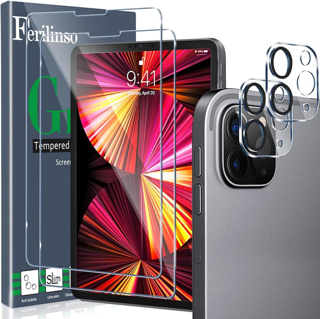 Ferilinso Designed for iPad Pro 11 Inch Screen Protector Accessories 2022 2021 2020 2nd 3rd 4th Generation 2 Pack Tempered Glass with 2 Pack Camera Lens Protector Suitable for Apple Pencil Face ID