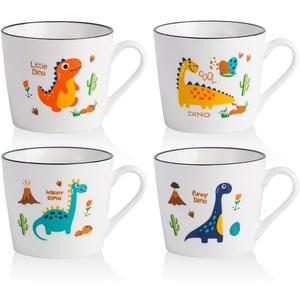 13 OZ Ceramic Dinosaur Mugs Set of 4, Dino Cups for Gifts, Cute Cartoon Porcelain Mugs for Hot Milk, Coffee, Cereal, Christmas Gifts for Kids, Girls, Dishwasher and Microwave Safe