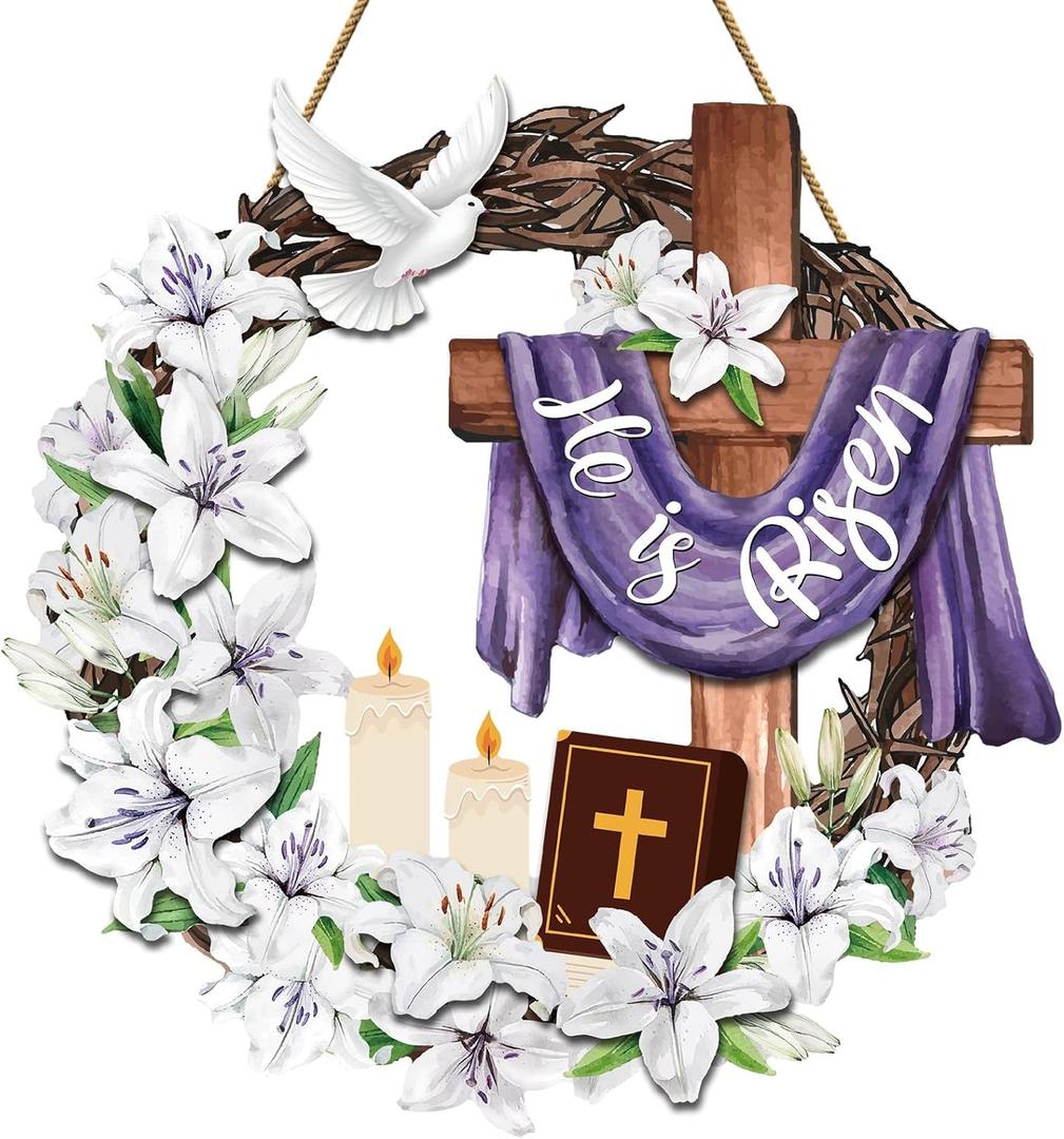2 x He is Risen Easter Decorations Wooden Wreaths for Front Door Christian Cross Ornaments Easter Porch Sign Decor Wreath Jesus Lily Flowers Ornaments Hanging Crafts for Home Farmhouse Spring Party Decor