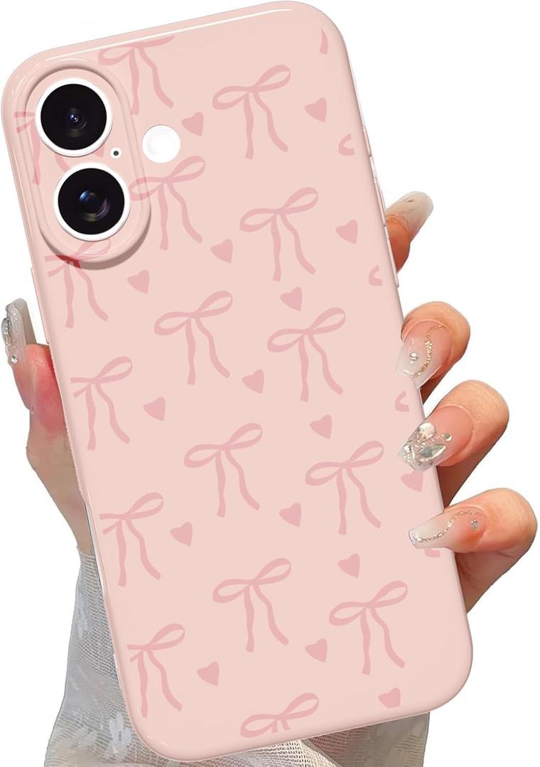 Cute Bow Phone Case for iPhone 17 6.3", Aesthetic Pink Heart Ribbon Bowknot Pattern Print Design Women Girly Case Gloss Raised Camera Protective Cover Soft Slim Silicone Shockproof TPU Funda