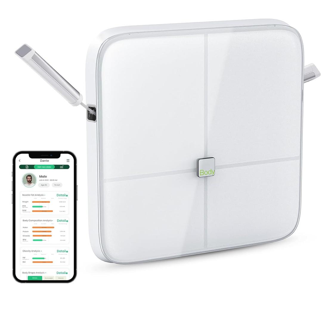 BodyPedia 8-Electrode Smart Scale for Body Weight, Digital Bathroom Weighing Scale Analyzes 43 Metrics (BMI/Muscle/Fat), Body Composition Monitor, Bluetooth Home User Health Equipment Sync Apps (White)