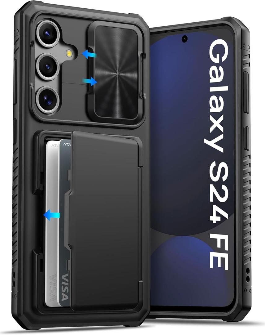 ATATOO for Samsung Galaxy S24 FE Case with Card Holder(Store 4-5 Cards) [RFID Blocking] & Slide Camera Cover, Military Grade Protection, Rugged Silicone Wallet Case for Galaxy S24 FE 6.7" 2024, Black