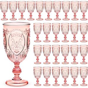 48 Pcs Plastic Goblets 7.5oz Vintage Goblet Plastic Wine Glasses Colored Retro Embossed Water Goblets for Wine Bar Juice Baby Shower Wedding Reception Grand Event Party (Pink)
