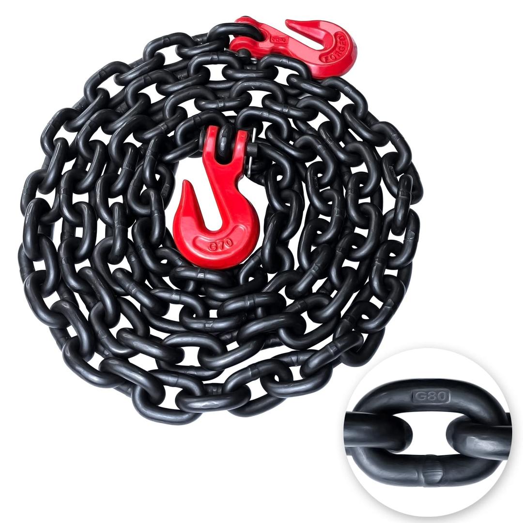 YATOINTO G80 Binder/Safety Chain 3/8 Inch x 10 Foot Transport Binder Chain with Clevis Grab Hooks 7,100 lbs Safe Working Load Logging Chain for Transporting Towing Tie Down Binding Equipment