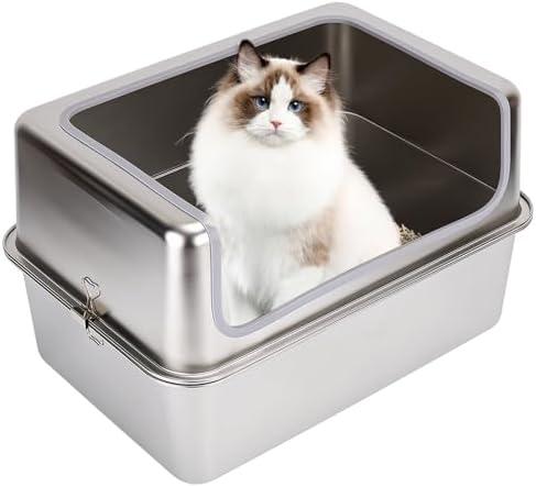 Stainless Steel XL Cat Litter Boxes with Metal Lid,20x14x12'' Extra Large Kitty Litter Pan with High Wall Enclosure-Odor Free&Easy to Clean