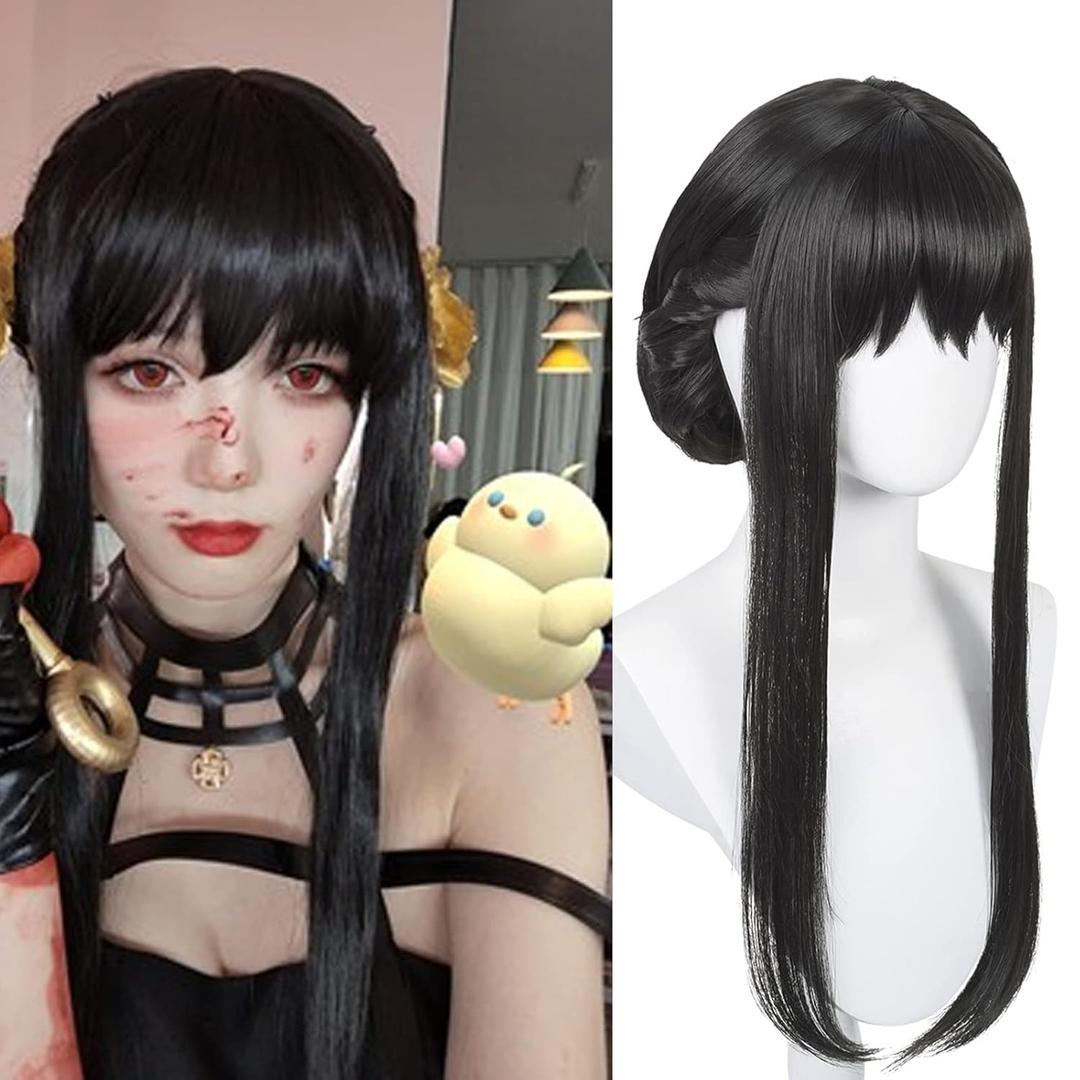 Half and Half Long Black Anime Cosplay Wig with Bangs & Bun Pre-styled Thorn Princess Killer Costume Wigs Synthetic Hair + Wig Cap for Halloween Party