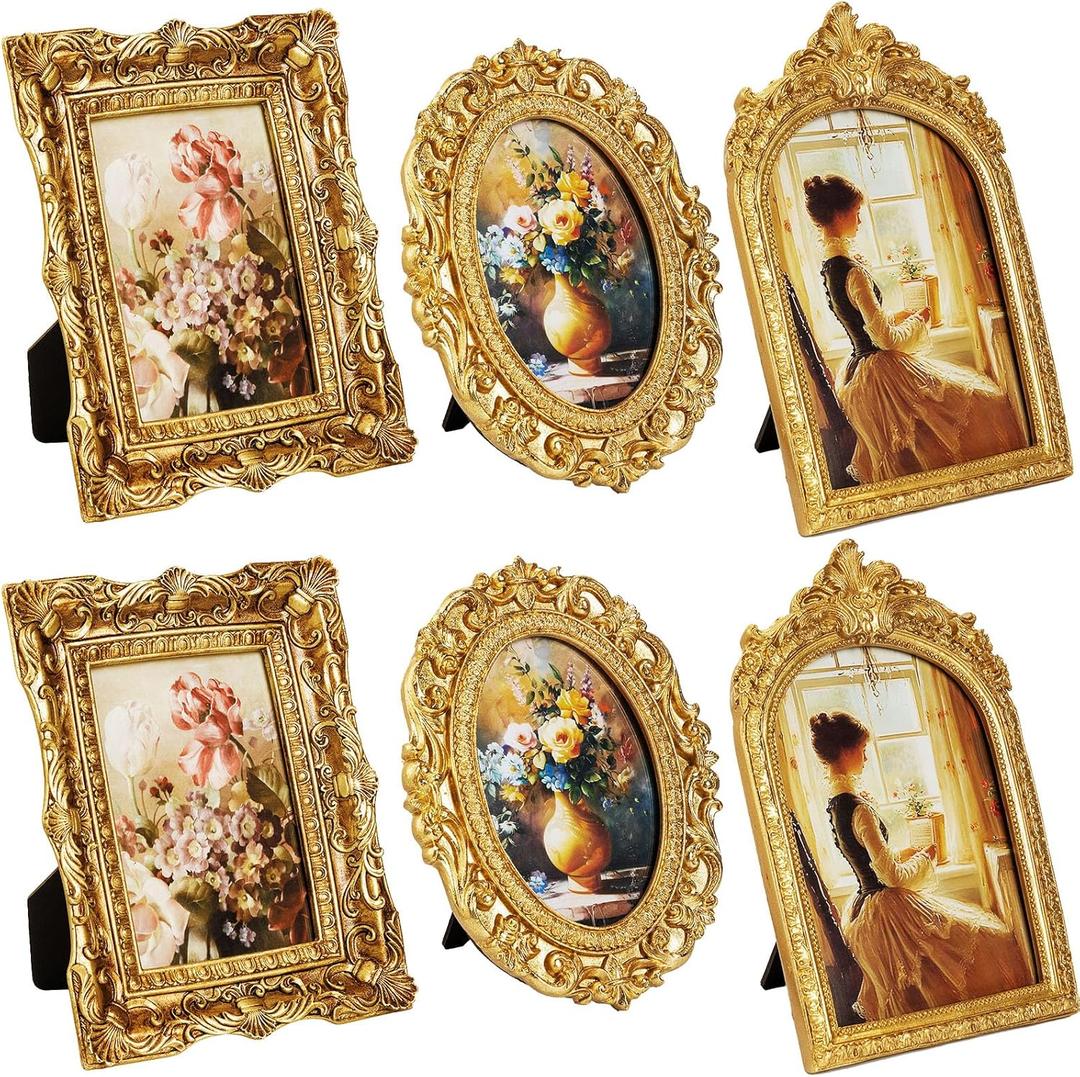 Qunclay 6 Pcs Vintage Resin Picture Frame 4 x 6,5 x 7 Inches Ornate Picture Frames Oval Rectangle Baroque Antique for Wall Hanging Home Wedding (Novel)