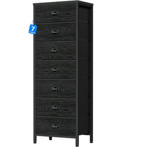 Furnulem Bedroom Dresser, Tall Chests of Drawers with 7 Fabric Bins, Black Organizer in Closet, Dorm, Living Room, Nursery, Hallyway-Storage Tower Unit, Sturdy Steel Frame, 11.8"D x 15.8"W x 43.3"H