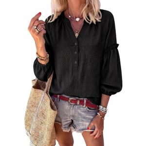 Womens V Neck Button Down Tops Puff Long Sleeve Tunic Blouse Dressy Loose Fit Basic T Shirt Business Casual Work Tops (L)