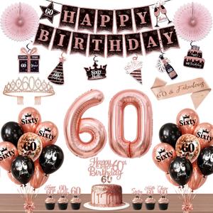 60th Birthday Decorations for Women, 54pcs Happy 60th Birthday Crown and Sash, Black Rose Gold Banner Backdrop Balloons Hanging Swirls Paper Fans, 60 Years Old Birthday Party Supplies Kit