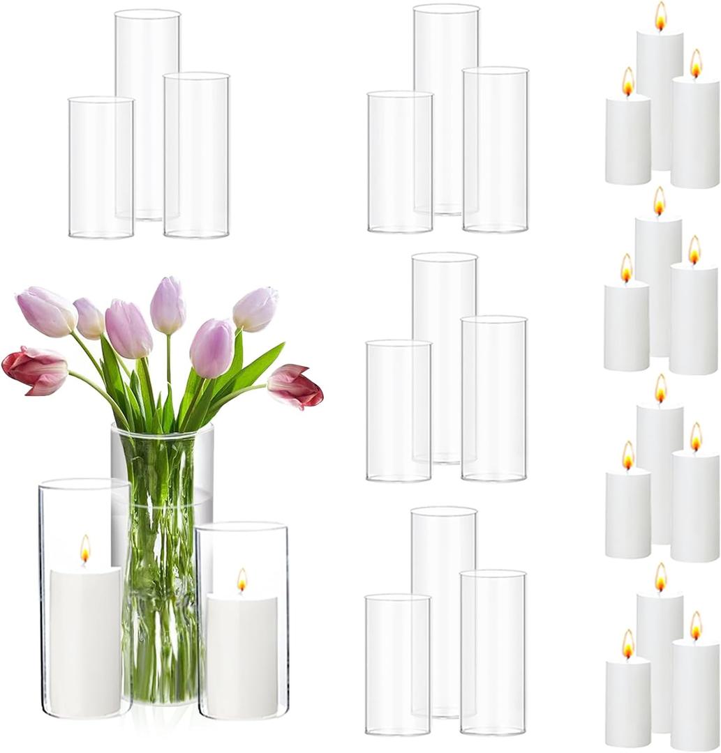 24 PCS Pillar Candles and Glass Cylinder Vases Clear Cylinder Candle Holders for Slim Pillar Candles Wedding Table Centerpieces, Home Decor(2.56'' X 4.7'', 5.9'', 7.9'',White)
