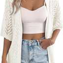 EVALESS Women's Crochet Knit Cardigan Sweaters Short Sleeve Open Front Kimonos Boho Cardigans Tops Lightweight Vacation (Large, White)