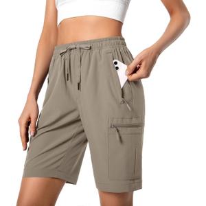 Hugut Women's Lightweight Hiking Cargo Shorts Quick Dry Athletic Shorts Camping Travel Golf Zipper Pockets Water Resistant (Medium, Dark Khaki)