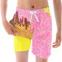 westwolf Boys Swim Trunks with Compression Liner Kids Bathing Suit 6-18 Years Swimwear (C1 Pink Yellow)