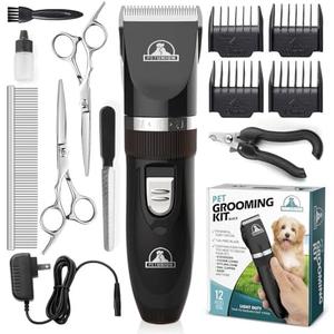 Pet Union Professional Dog Grooming Kit - Cordless Low Noise Dog Clippers for Grooming Thick Coats - All Pet Safe Cat Hair Trimmer - Pet Grooming Kit Includes Dog Hair Clippers, Nail Trimmer & Shears