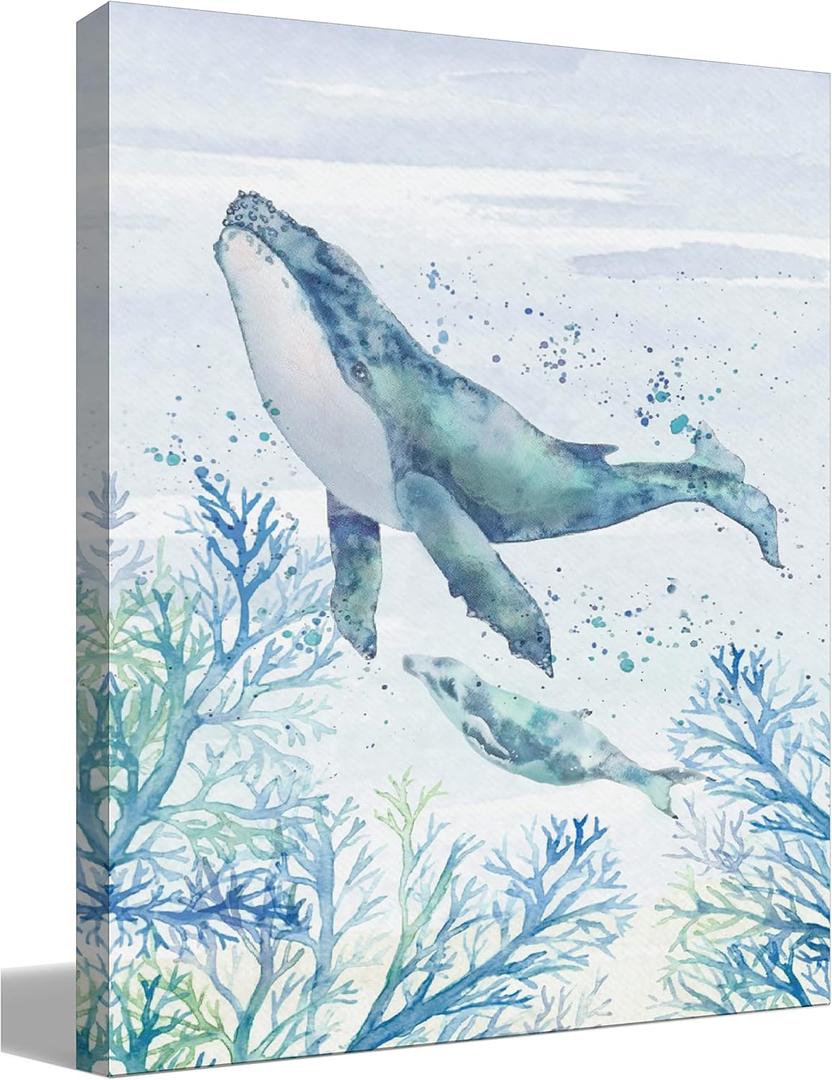 BIWSHA Whale Ocean Blue And White Decor, Nautical Beach Ocean Wall Decor for Bathroom Bedroom Home Living Room, Canvas Wall Art 11x14 Inches