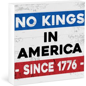 5 x GoldenFleece 4th of July Patriotic Desk Sign No Kings In America Since 1776 Square Memorial Day Decoration Independence Day Decor Rustic Retro July 4th American Flag Table Decorations Wooden Box Sign