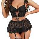 Mixxmix Sexy Garter Lingerie for Women Underwire Bra and Skirt Set with Panty Mini Lace Up Teddy Lace Rave Outfit Black M