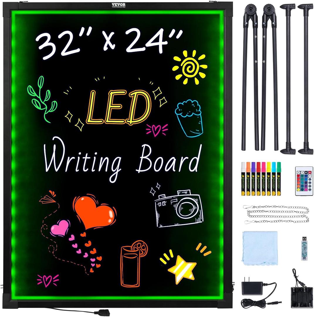 VEVOR 32"x24" LED Message Writing Board, Menu Sign Boards, Illuminated Erasable Lighted Chalkboard, Neon Effect Drawing Panel with 8 Fluorescent Chalk Markers and Remote Control