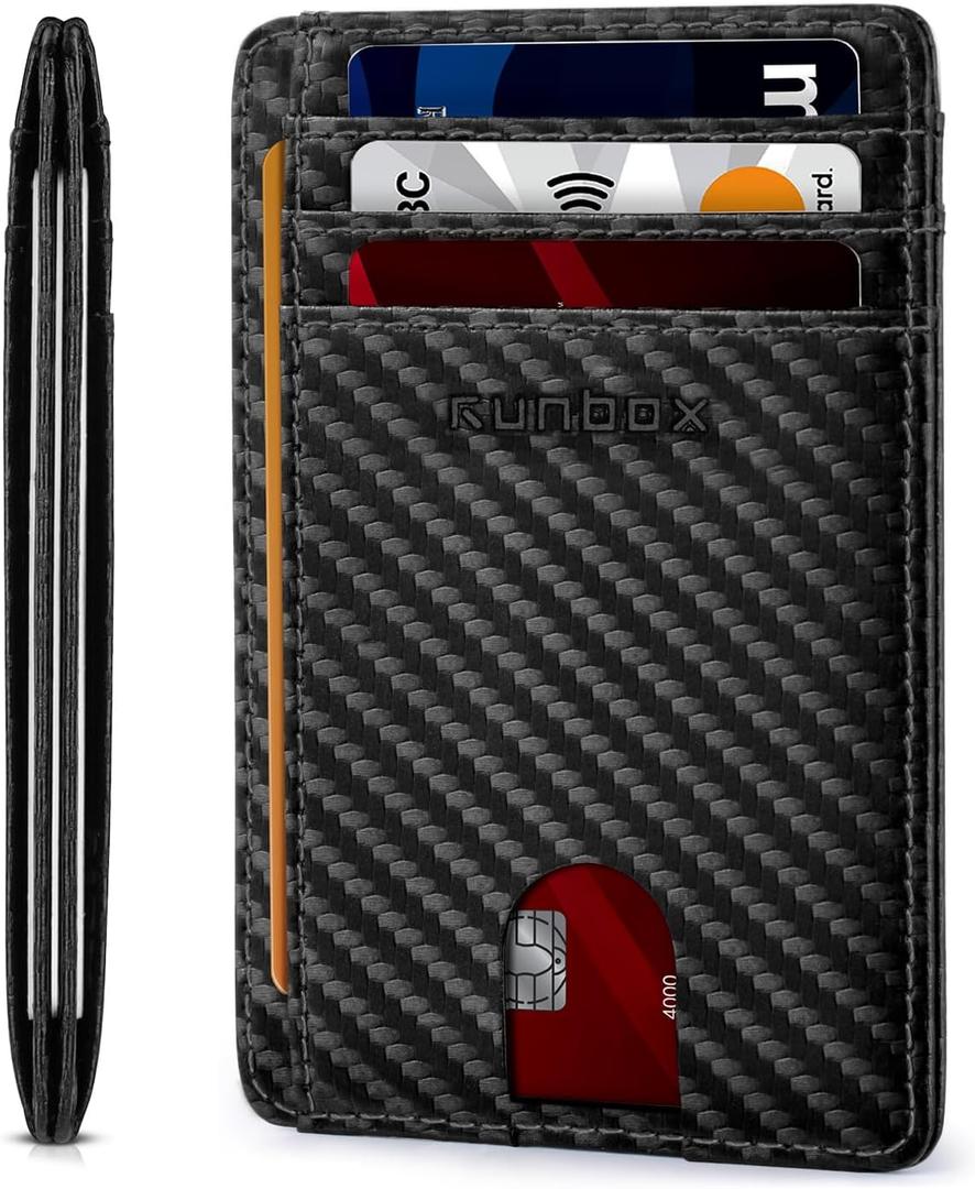 RUNBOX Slim ID Cases Minimalist Front Pocket RFID Blocking Leather Wallets for Men and Women Card Holder Wallets Gifts for men (01-Carbon Black)