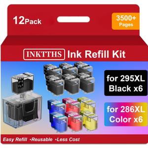 295XL 286XL Ink Refill Kit for Canon 295XL 286XL Ink Cartridges Compatible with Canon 295 286 PG-295XL CL-286XL Work with Pixma TS6520 TS4320 TR7120 (12 Pack, 6BK/2C/2M/2Y) (6 Black 2 Cyan 2 Magenta 2 Yellow)