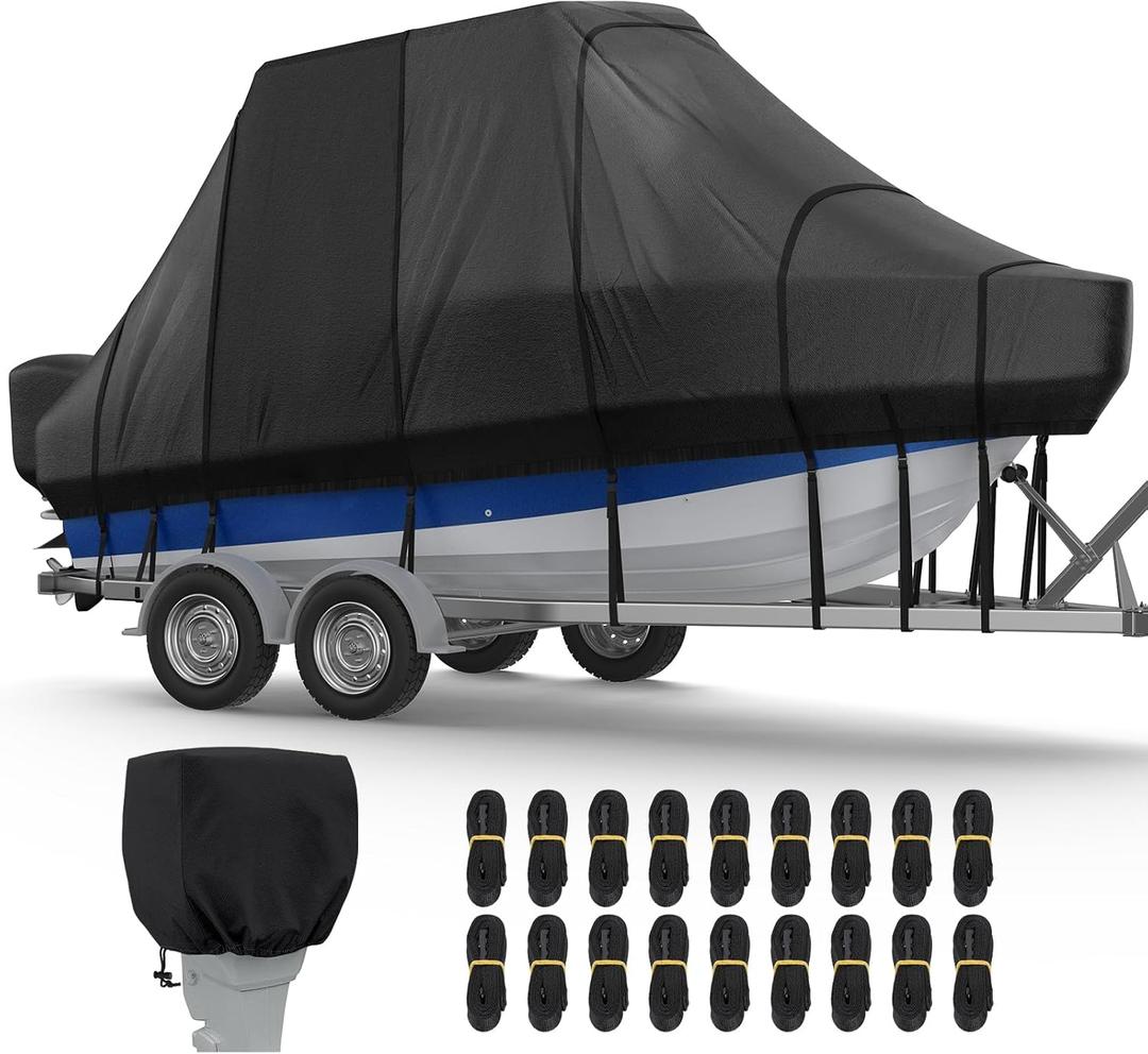 RVMasking Hard Top/T-Top Boat Cover, 1200D Partial Reinforced Waterproof Heavy Duty with Motor Cover for Center Console Boat with T TOP Roof, 22'-24' Long Beam Width up to 106", Black