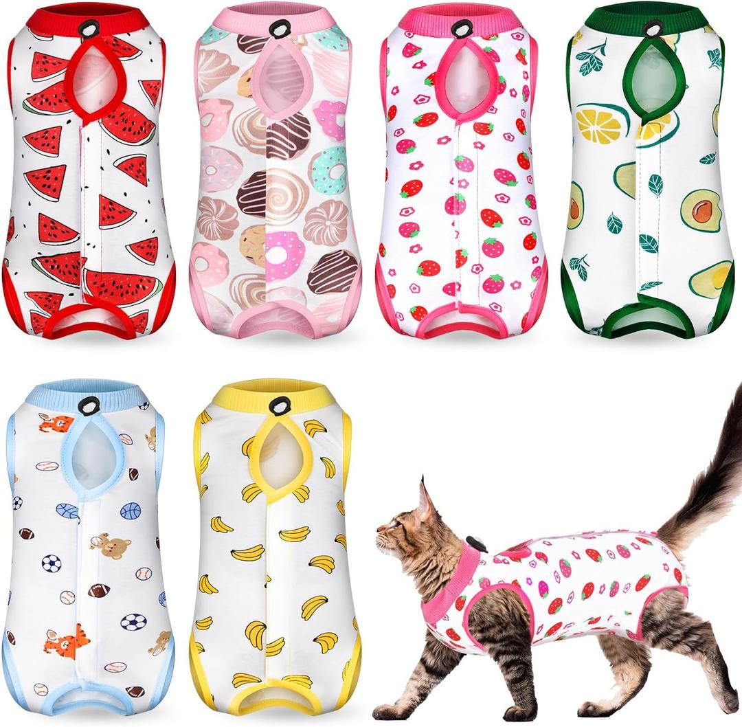Kacctyen 6 Set Cat Recovery Suit After Surgery Female and Male Cat Kitten Surgery Suit E Collar Alternative Pajama Kitty Clothes for Spay Abdominal Skin Anti Licking(Fruit,Large)
