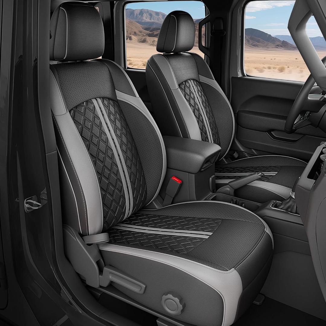 For Jeep Wrangler Seat Covers JL 4 DR Without Rear Cup Holder 2018 2019 2020 2021 2022 2023 2024 2025 2026, Custom Fit Car Seat Covers Full Set,Waterproof Leather Seat Protector,BlackGrey