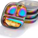 4 PCS Stainless Steel Kids Plates, Reusable Bariatric Plate for Kids Adults, Rainbow Coated Stainless Steel Plates Trays with Lids, Appealing Food Plates with Dividers for School Office Restaurant